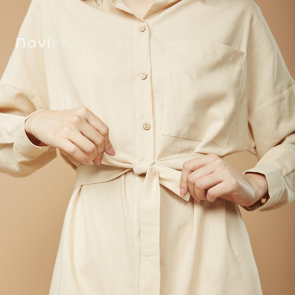 ĐẦM SƠ MI NỮ DÁNG DÀI SUÔNG KÈM DÂY ĐAI PHONG CÁCH ULZZANG - LINEN SHIRT DRESS D03 NAVIER | BigBuy360 - bigbuy360.vn