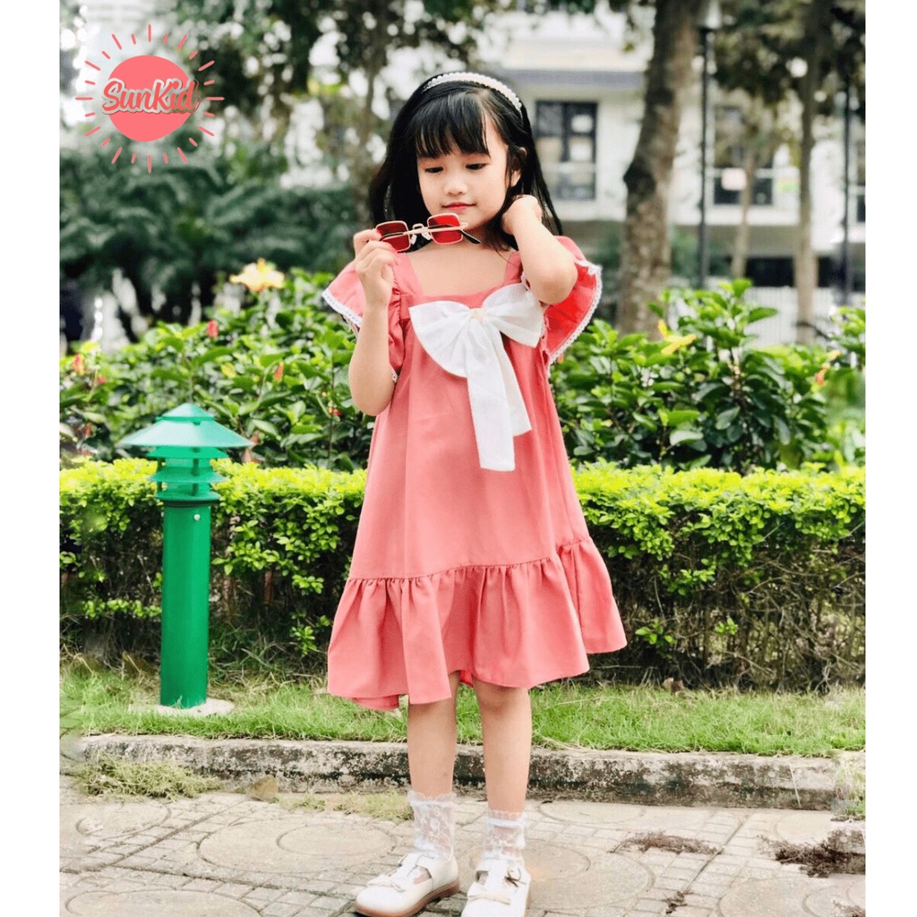 Váy đầm bé gái dáng suông đuôi cá thắt nơ vải trượt nhật cao cấp mùa hè Sunkid NN2 màu hồng 4-12 tuổi