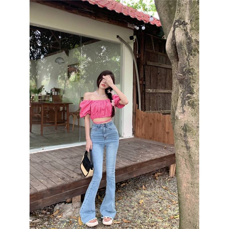 Áo Croptop Tay Phồng Cổ Chữ V Phối Dây Thắt Eo Nữ Tính