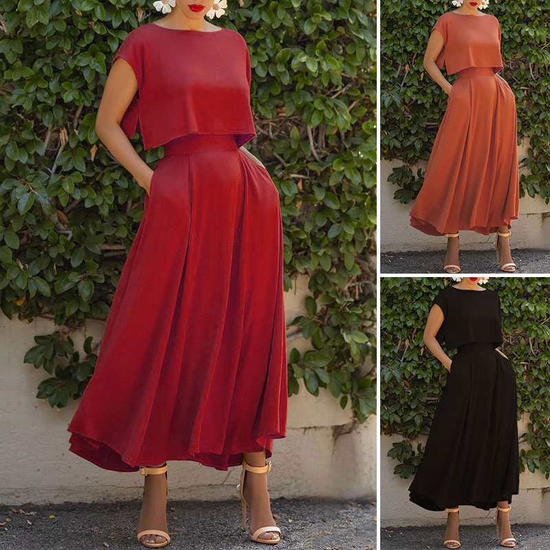 Set 2 món gồm áo tay ngắn màu trơn + chân váy Zanzea dáng chữ A đơn giản phong cách châu âu cho nữ