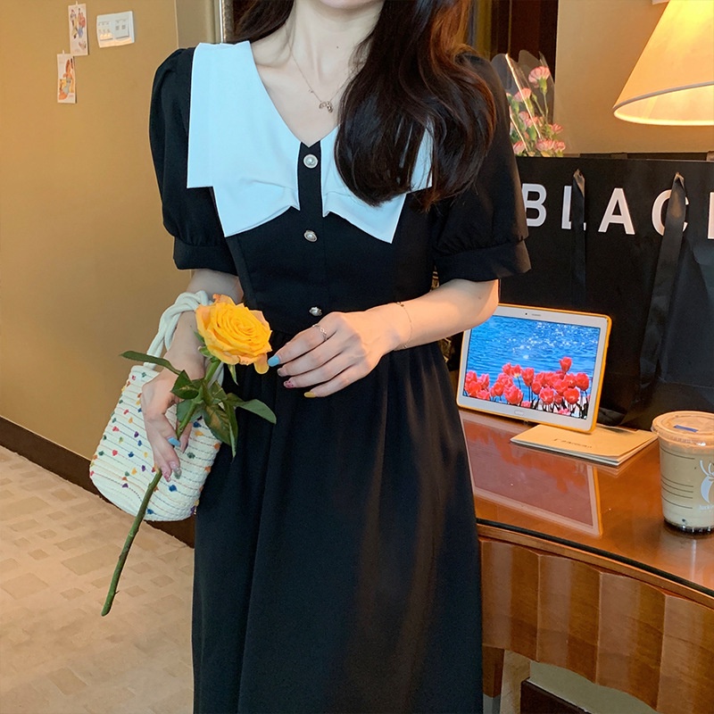 Váy đầm đen cổ trắng xinh dáng dài dự tiệc cực xinh phong cách Hàn Quốc