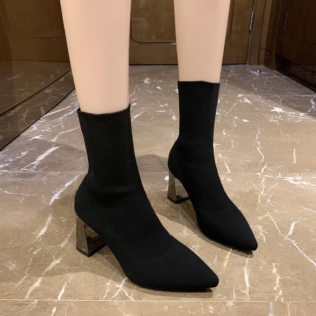 Giầy bốt nữ, boot len cổ cao mũi nhọn gót vuông 7 phân - BOT008 | BigBuy360 - bigbuy360.vn