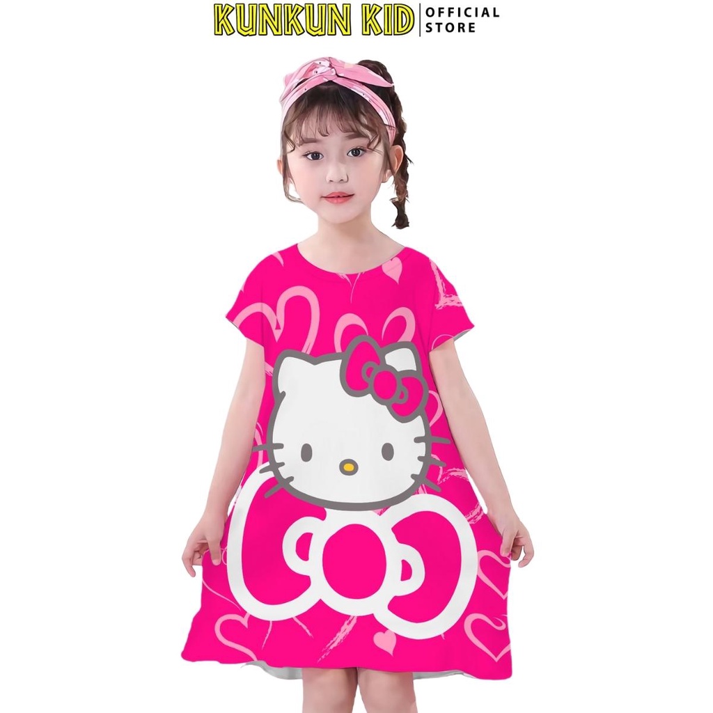 Đầm bé gái chất thun lạnh in 3d hình hello kitty Kunkun Kid D910 size 13-45kg
