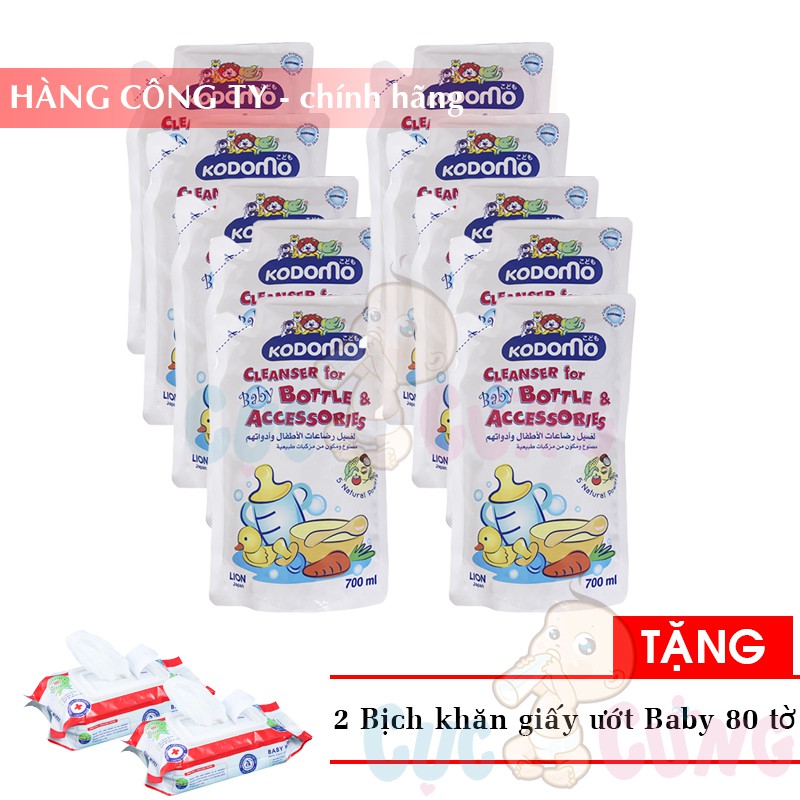 Bộ 10 bịch nước rửa bình sữa KODOMO - 700ml Thái Lan Tặng 2 bịch khăn ướt 80 tờ