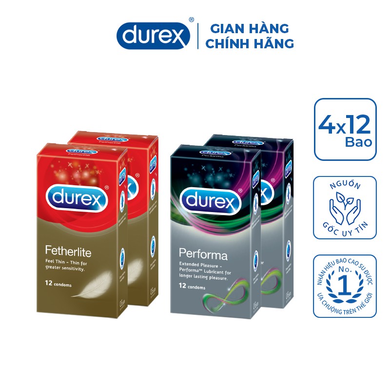 Bộ 4 hộp bao cao su Durex Performa 12 bao và Durex Fetherlite 12 bao