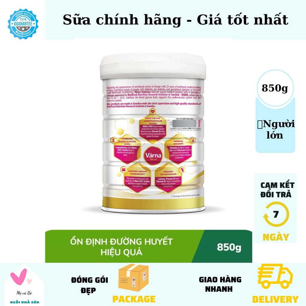 Sữa Varna Nutifood Diabetes, Sữa Varna Diabetes  850g cho người đái tháo đường ngôi nhà sữa