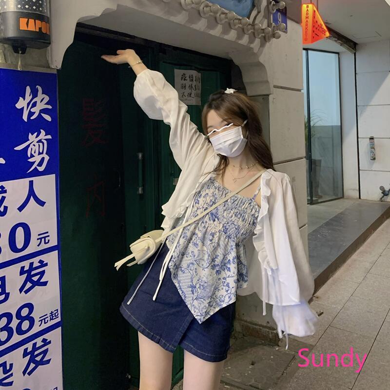 Set Áo Hai Dây Họa Tiết Hoa Ngọt Ngào + Áo Khoác Cardigan Chống Nắng Thời Trang Mùa Hè Cho Nữ