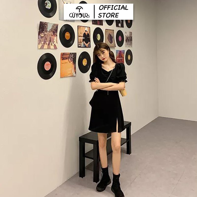 Váy xòe dự tiệc GUYOURs thiết kế cổ nhún váy xẻ tà vải tuyết mưa cao cấp màu đen GUV113 | BigBuy360 - bigbuy360.vn