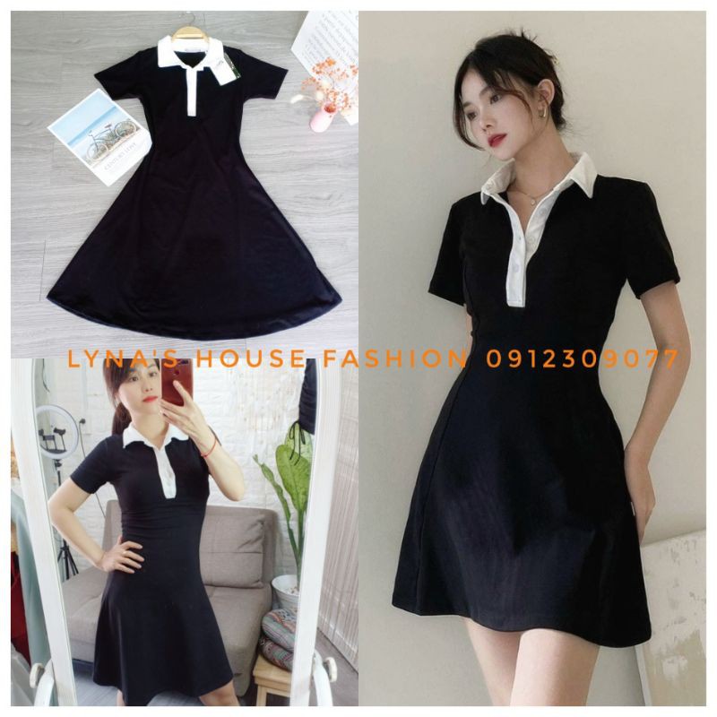 Váy Polo Tay Ngắn Dễ Thương 🌺 FREESHIP 🌺 Đầm Nữ Body Màu Đen Cổ Sơ Mi Trắng - LH116