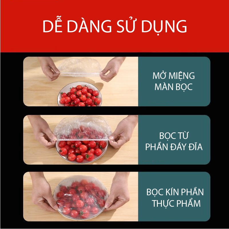 Set 100 Màng Bọc Thực Phẩm PE Có Chun Bọc Đồ Ăn Co Giãn Tái Sử Dụng Nhiều Lần( Bao Gồm Túi Gấu Rút Dây)