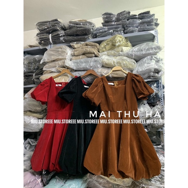 VÁY NHUNG TAY BỒNG XOÈ XINH MẶC TẾT VNTBXX