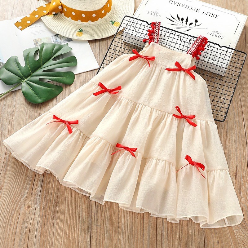 thanh lý cuối năm Váy 2 dây kem nơ đỏ cho bé gái diện đi chơi hoạt động ngoài trời lễ tết 10 đến 23kg(1-8 tuổi)