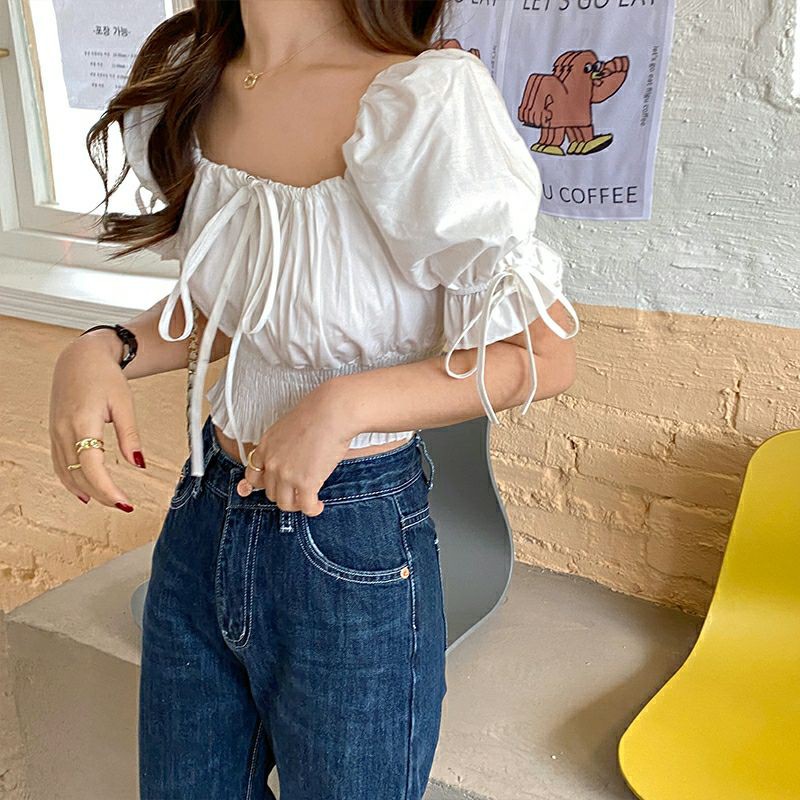 [Có sẵn - Ảnh thật - có video] Áo sơ mi nữ tay bồng dáng croptop, áo croptop trễ vai nơ ngực ulzzang A02 | BigBuy360 - bigbuy360.vn