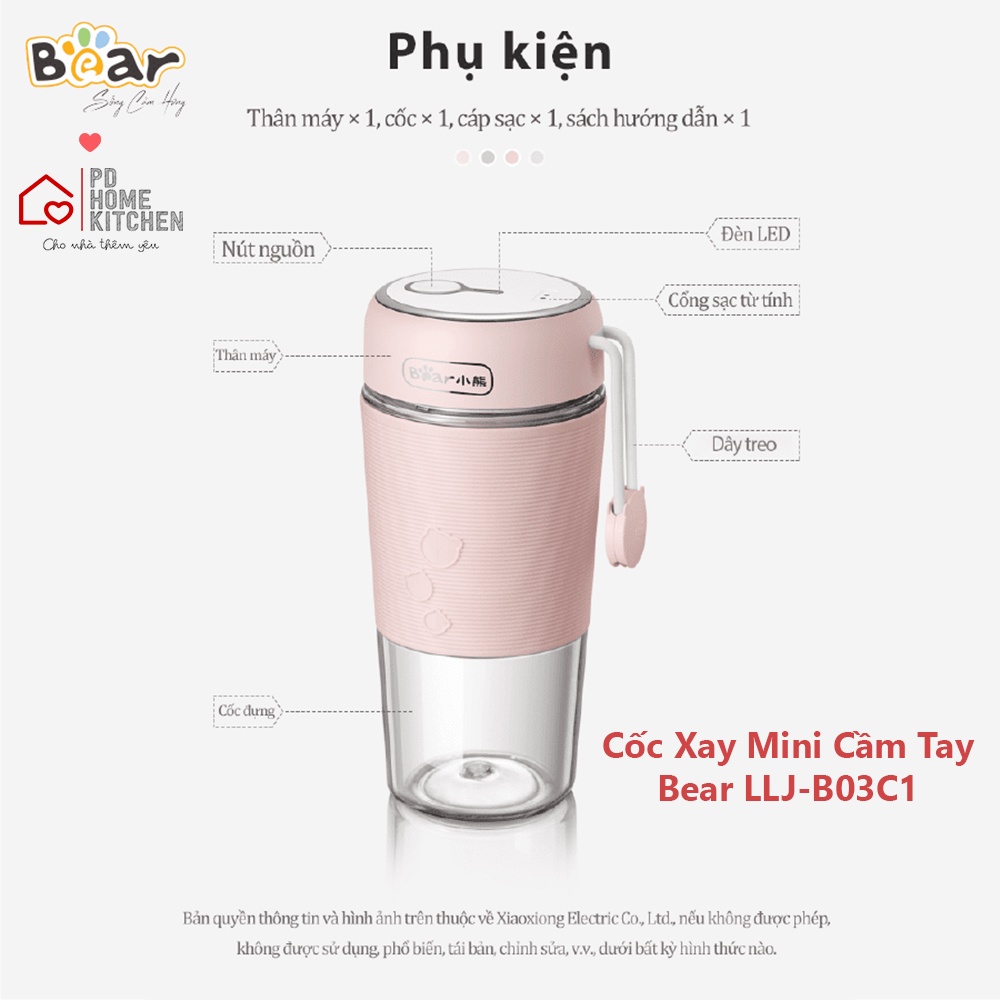 [BH CHÍNH HÃNG 12T] Máy Cốc Xay Mini Cầm Tay BEAR, healthy, xay sinh tố, dùng pin sạc tiện lợi, chống nước, tự làm sạch