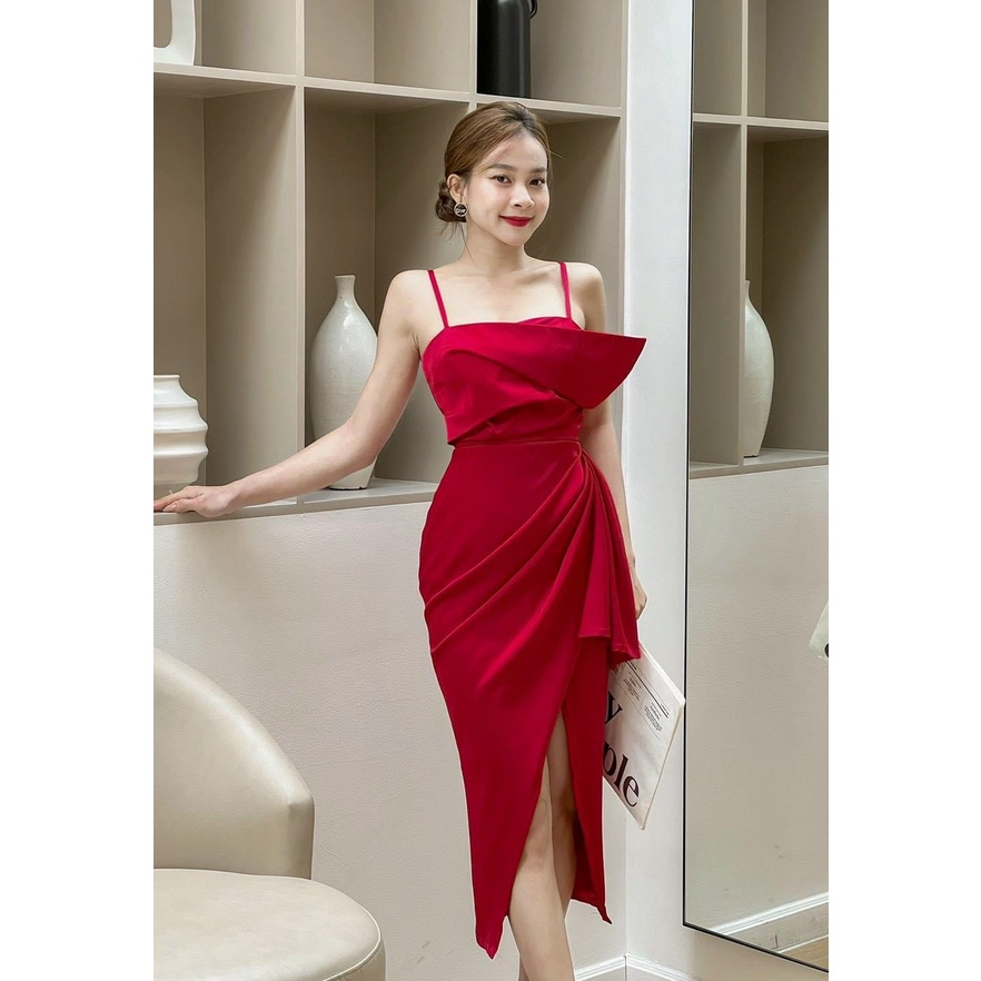 đầm 2 dây xếp li bèo ngực hở vai dập ly lưng sexy đỏ vạt chéo xèo tà đùi đi tiệc sang trọng dạ hội ulzzang Hàn Quốc