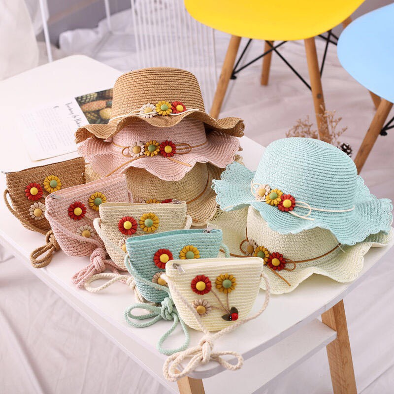 Set mũ cói vè túi hoa cúc xinh xắn cho bé(3-6 tuổi)