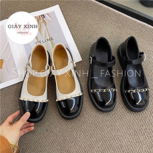 Giày búp bê lolita đế bệt , Guốc nữ phối mũi kết hơp dây xích hottrend Mã VM