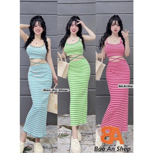 Đầm body nữ kiểu kẻ sọc phối kiểu mới chất vải thun gân len 4 chiều FreeSize