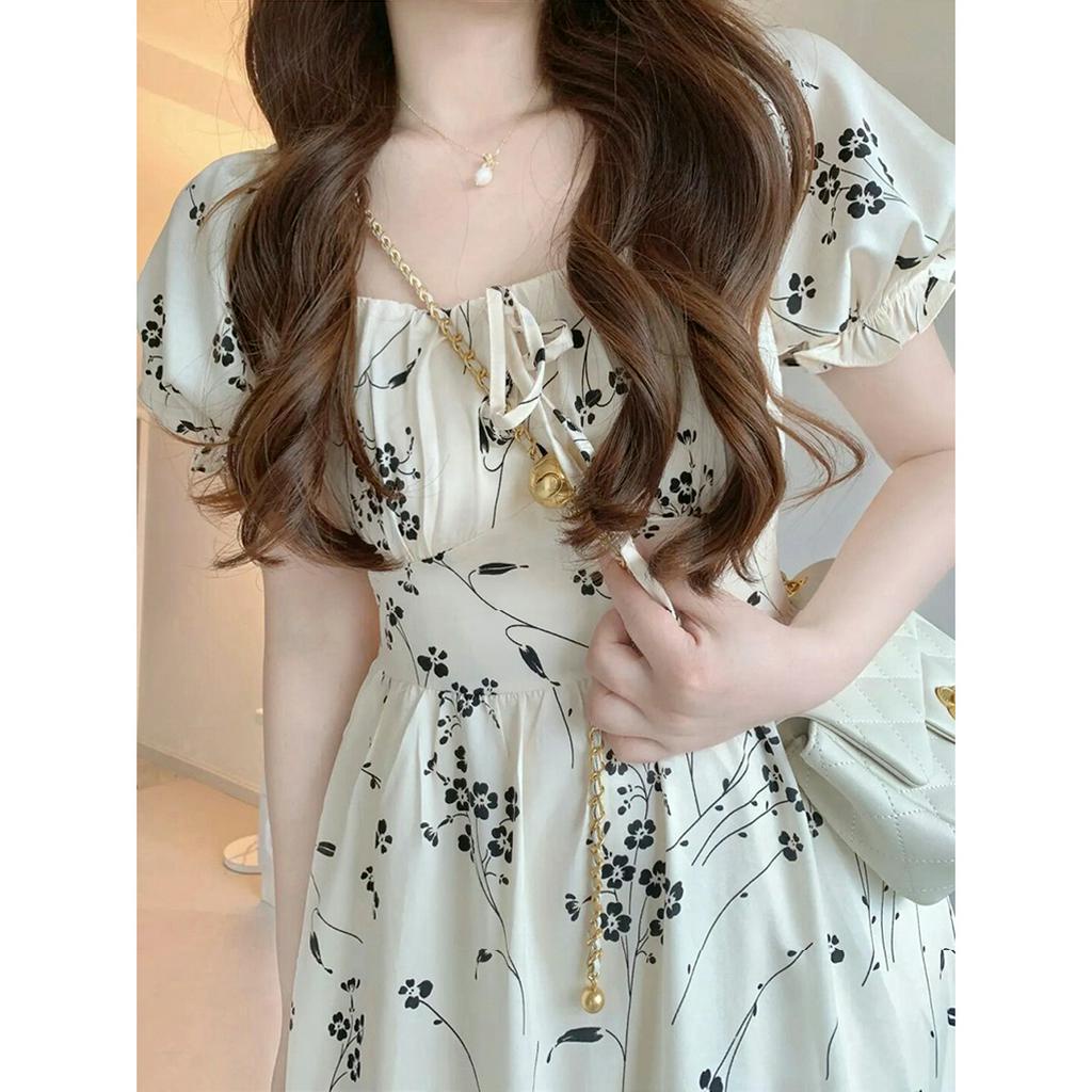 [ORDER] Váy MORAN Hoa Nhí Màu Trắng Đen Tay Phồng Cổ Vuông Thun Eo Xòe Dài Điệu Đà Hàn Quốc VD062 ORDER TAOBAO ICC