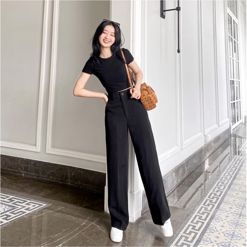 Quần ống rộng dài 100cm màu đen dáng dài - Quần culottes chất dày dặn phối áo đi học đi làm | BigBuy360 - bigbuy360.vn