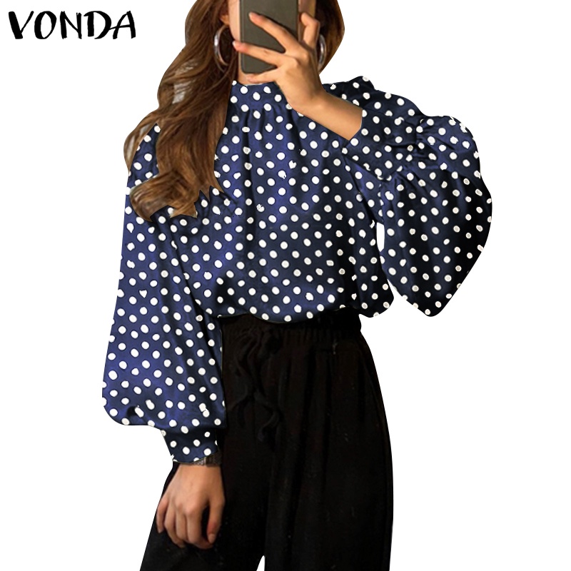 Áo sơ mi Vonda vải voan tay dài kiểu xếp ly họa tiết chấm bi phong cách Hàn duyên dáng cho phái nữ