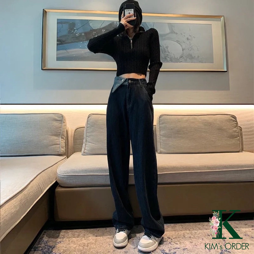 Quần jeans nữ lưng cao cạp phối tam giác màu xanh than ống suông dài phom rộng phong cách Ulzzang Hàn Quốc cá tính