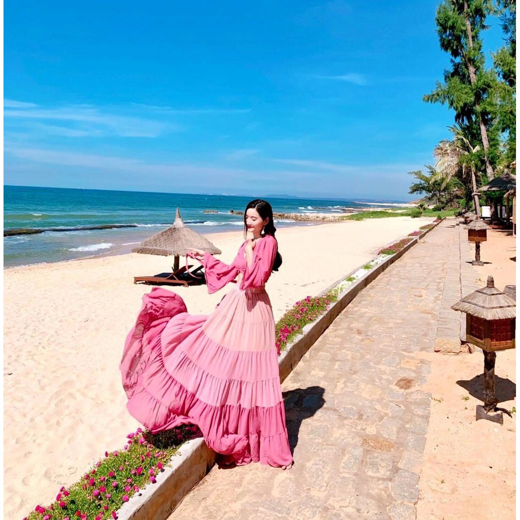 Set maxi đi biển cổ V phối mặc 2 kiểu phong cách thời trang XUKA-DRESS MT018 chất Voon in nhiệt 2 lớp có mút ngực. | BigBuy360 - bigbuy360.vn