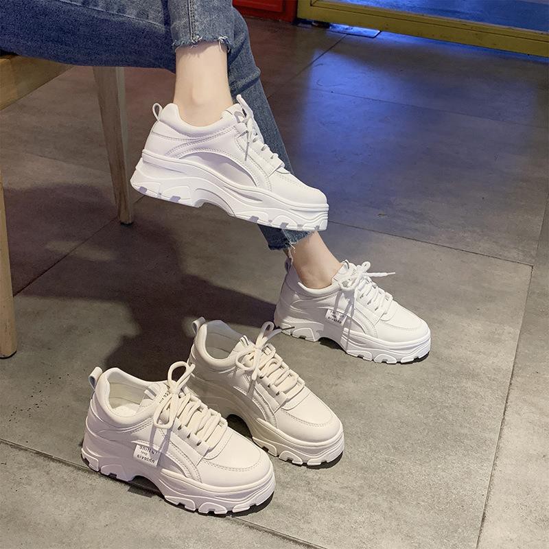GIÀY SNEAKER THỂ THAO ULZZANG ĐỘN ĐẾ BASIC HAI MÀU TRẮNG, BE