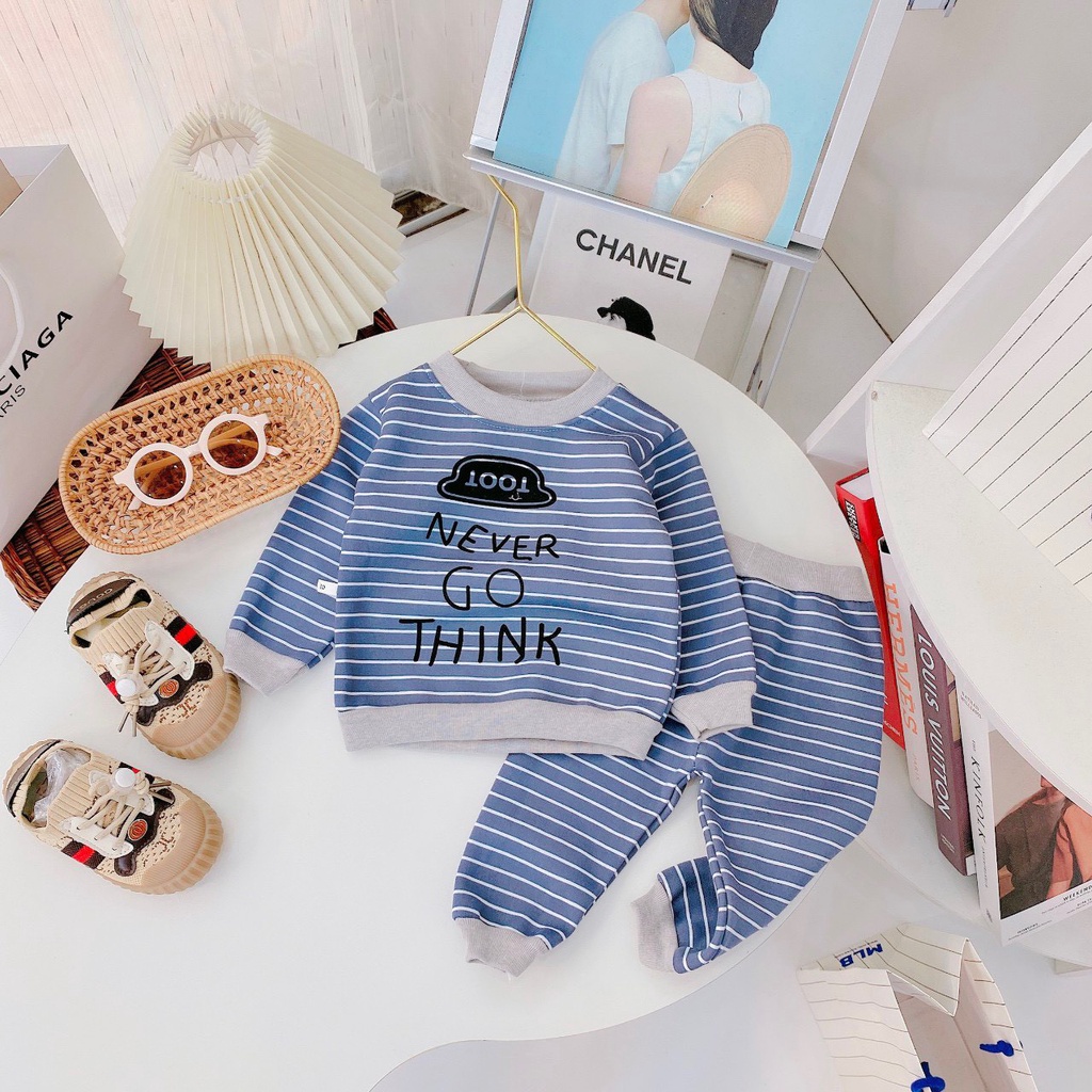 [6-16kg] (video tự quay) Bộ Quần Áo Nỉ Lót Lông Kẻ Ngang In Hình Hoạ Tiết Siêu Xinh Cho bé