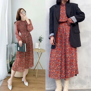 Váy hoa cổ chun dập ly kèm đai, đầm hoa dập ly dáng dài bầu bí mặc xinh