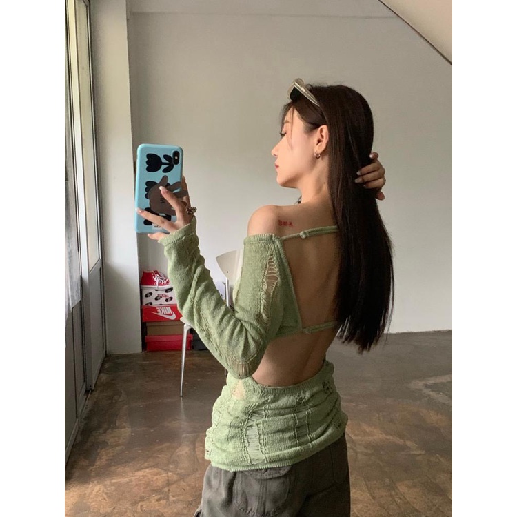 QADCOL  Áo sweater Dệt Kim Mỏng Mùa Hè Thiết Kế Mỏng Màu Xanh Lá Cây Khoét Lỗ Hở Lưng Sang Trọng Cho Nữ