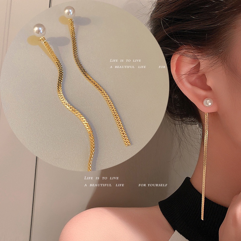 Bông Tai Mạ Bạc 925 Dáng Dài Đính Ngọc Trai Phong Cách Hàn Quốc