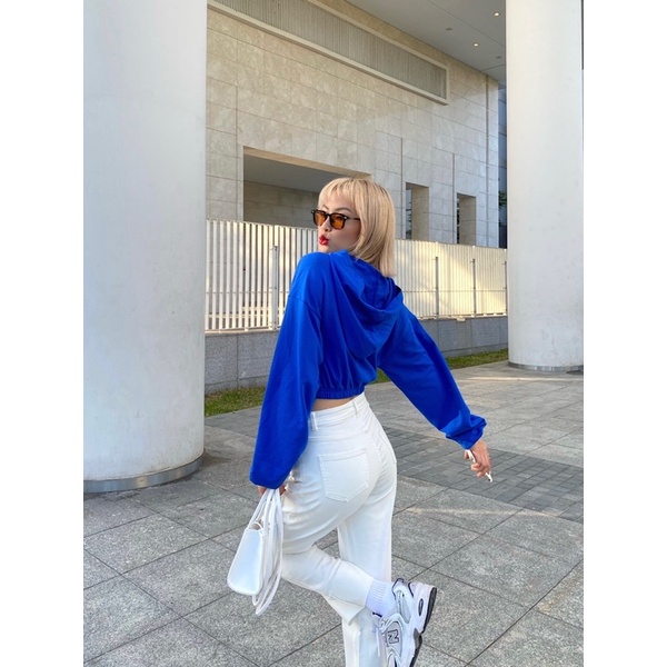 Áo croptop hoodie có mũ chất thun cotton eo bo thun in chữ nổi LA MIEU - JM26