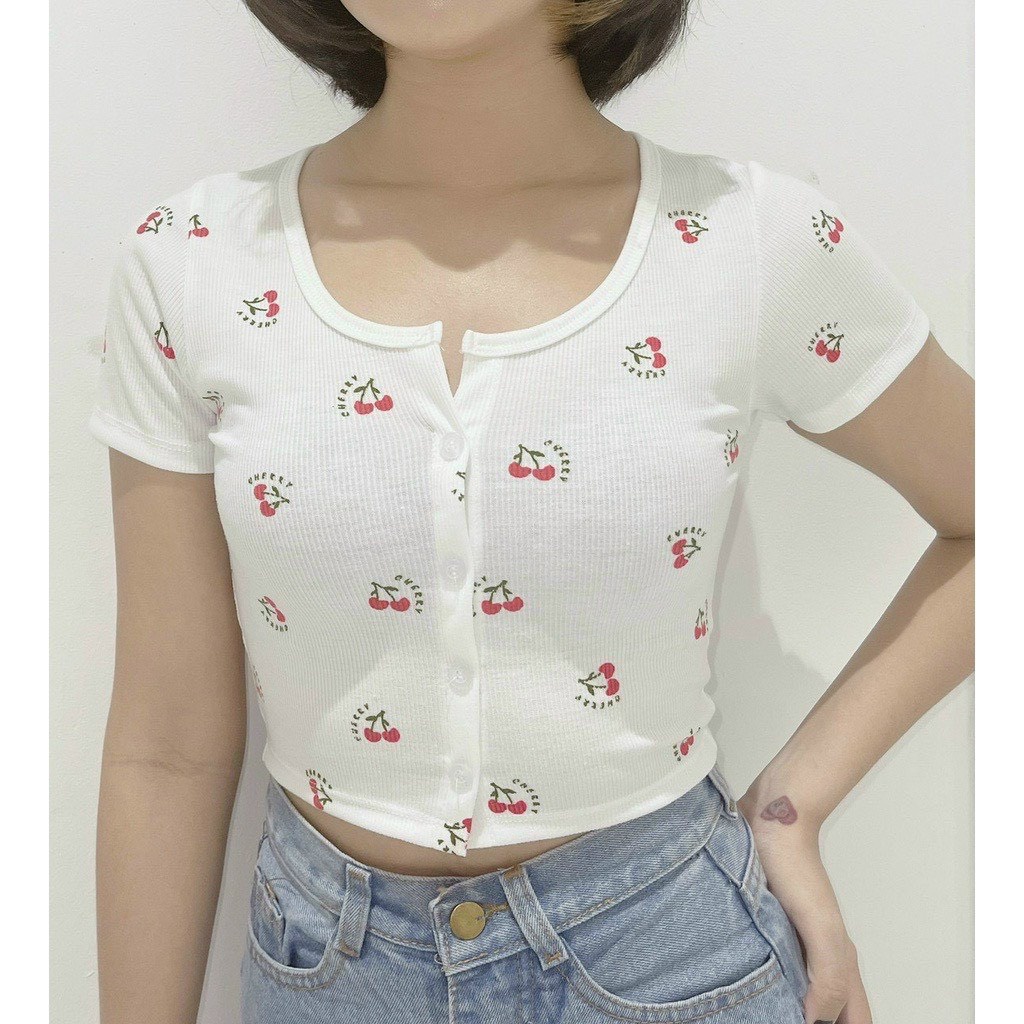áo croptop hàng nút in hoa cherry cute na