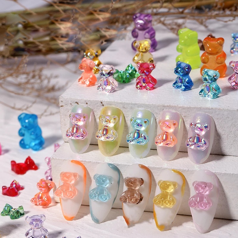 [Hàng mới về] Phụ kiện trang trí móng tay hình gấu hoạt hình pha lê 3D màu kẹo ngọt nhiều kích cỡ
