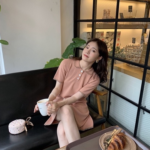 Đầm dệt kim ZHELIHANGFEI dáng suông tay cộc mùa hè phong cách Hong Kong thời trang 2022 mới