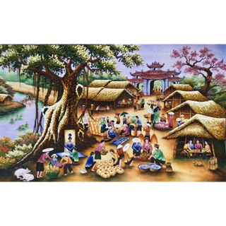 Tranh đính đá toàn bộ tự làm- Phong cảnh phiên chợ quê Việt Nam