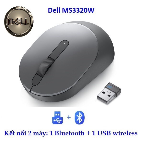 Dell MS3320W Mobile Wireless Mouse, Titan Gray - Chuột không dây kết nối 2 thiết bị: 1 USB và 1 Bluetooth