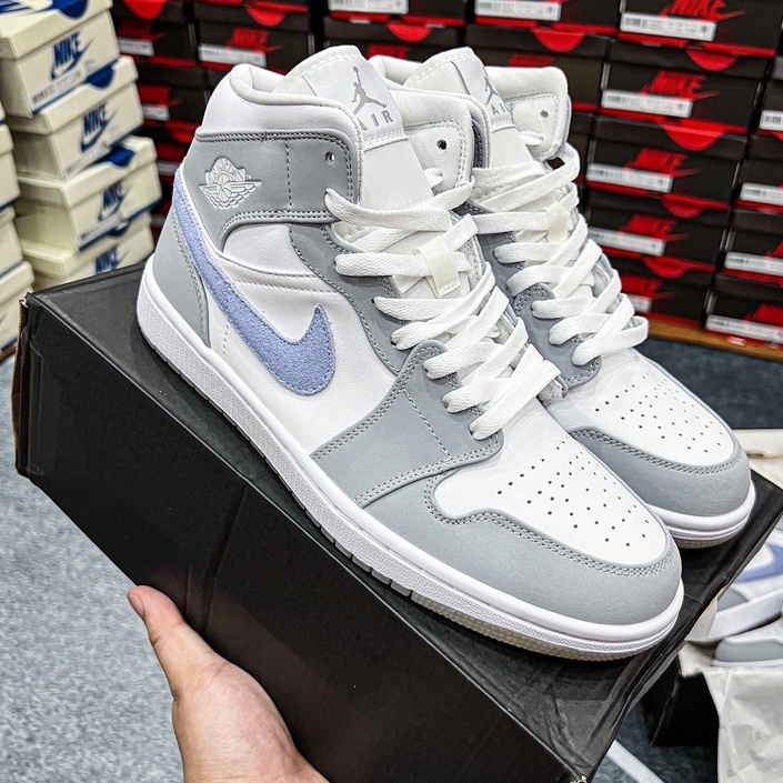 Giày Jordan cổ cao, Jordan 1 Mid Wolf Grey Aluminum (W) - Stocck X Full size nam nữ hàng Chuẩn nhất