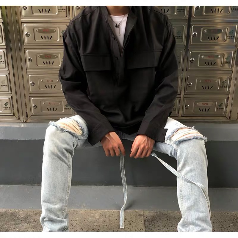 Áo Sơ Mi Tay Dài Dáng Rộng Phối Cổ Henry Kiểu retro Cá Tính Cho Nam Và Nữ Fear of god6th