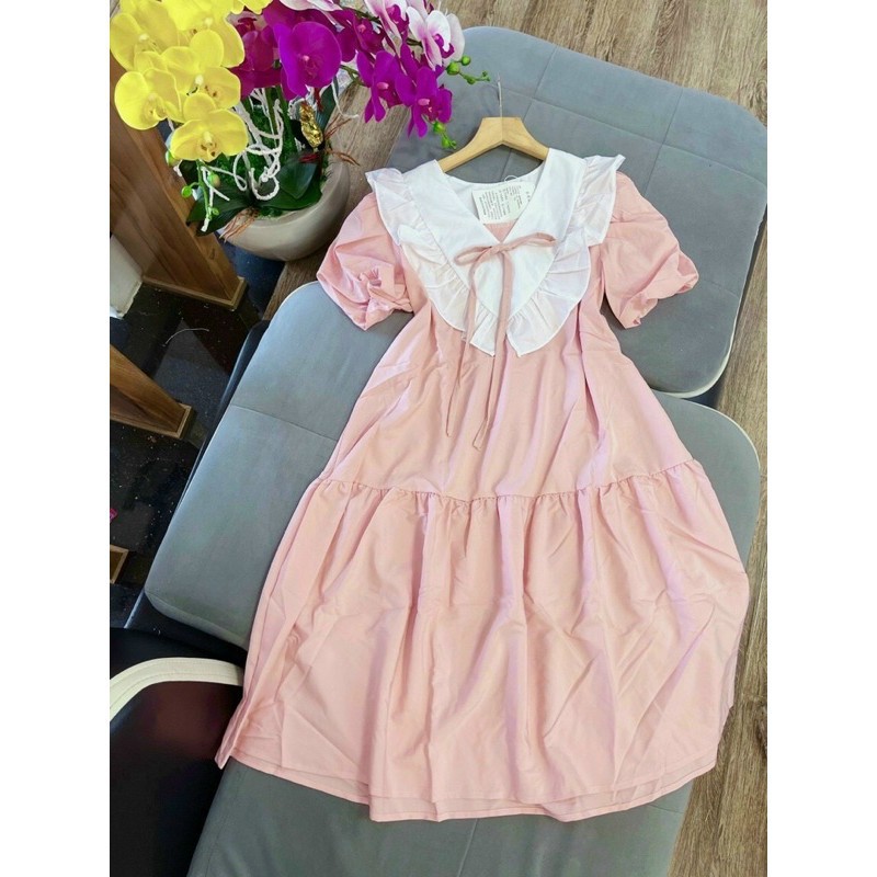 Đầm suông babydoll phối bèo hồng dễ thương