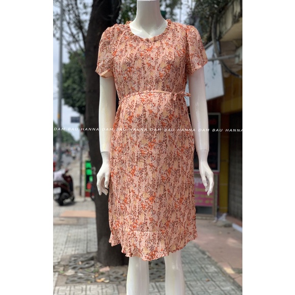 [HANNA] Đầm bầu công sở dập ly voan hoa dễ thương cho mẹ trẻ size 75kg vải mềm mát không nhăn phù hợp đi làm đi chơi