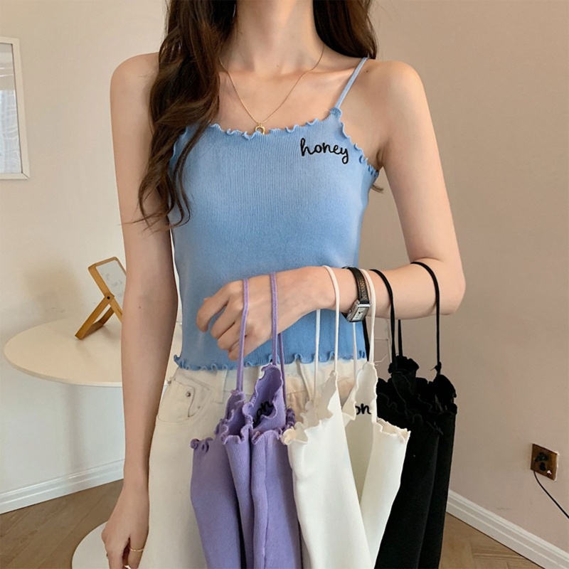 Brroa Áo Tank Top Hai Dây Dệt Kim Thêu Chữ Thời Trang Cho Nữ