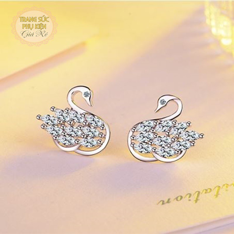 Bông tai thời trang HT168 hình thiên nga, đá sáng bạc Ý S925