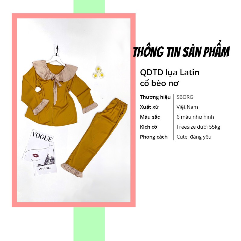 Đồ bộ nữ SBORG kiểu dễ thương mặc nhà chất lụa Latin quần dài tay dài viền bèo đáng yêu có túi freesize quà tặng vợ