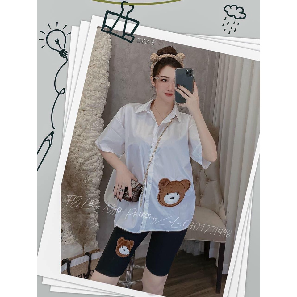 Set sơ mi ngố, quần ngố ôm, áo và quần thêu hình gấu, cho nữ mặc nhà, mặc đi chơi siêu dễ thương, vải cực đẹp