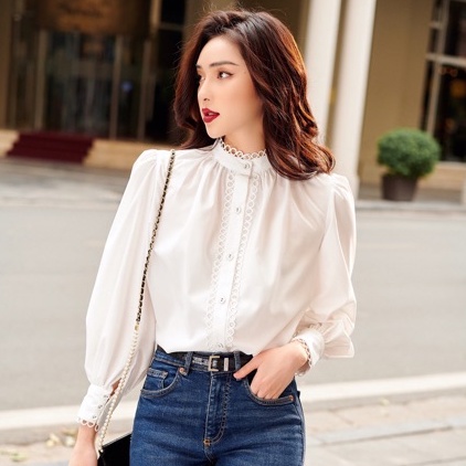 Sơ mi cotton lụa trắng cổ tàu pha ren HUONG BOUTIQUE -HBSM732
