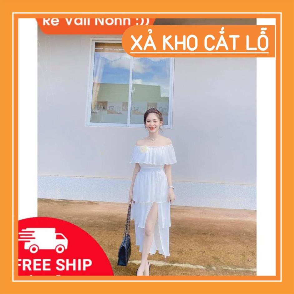 DAMDUTIEC Đầm maxi đi biển bẹt vai, đầm maxi màu trắng trễ vai Luxy Dress