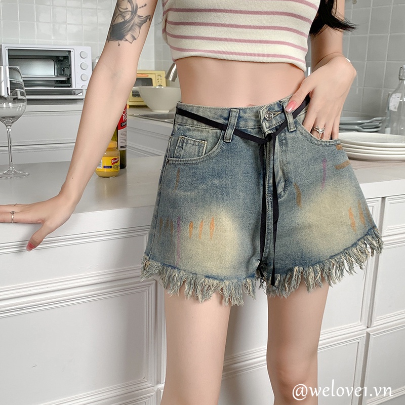 Quần Short jeans Lưng Cao Ống Rộng Thời Trang retro Cho Nữ