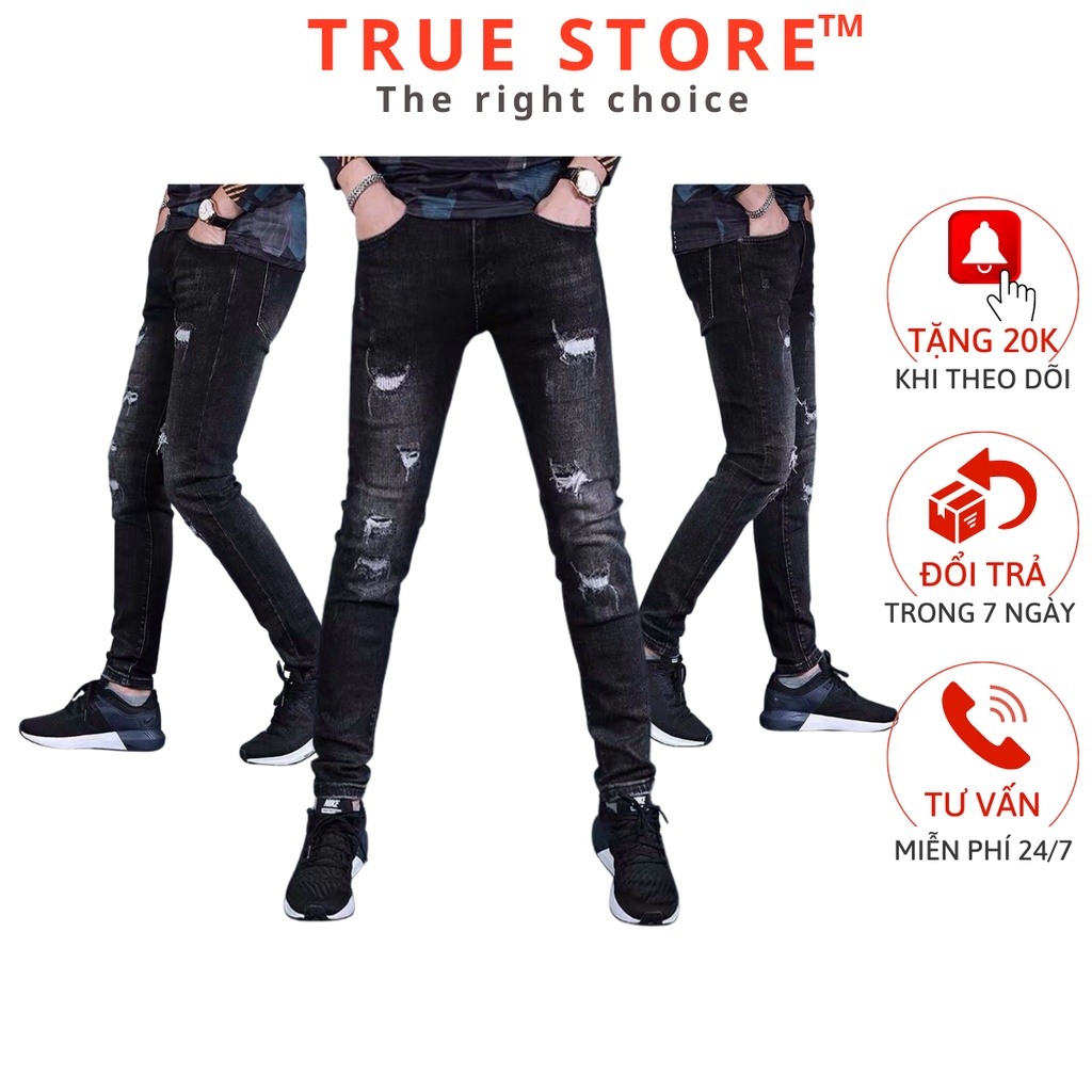 Quần jean nam đen bạc rách cao cấp hàng mới về trend 2022, True Store, QJ110